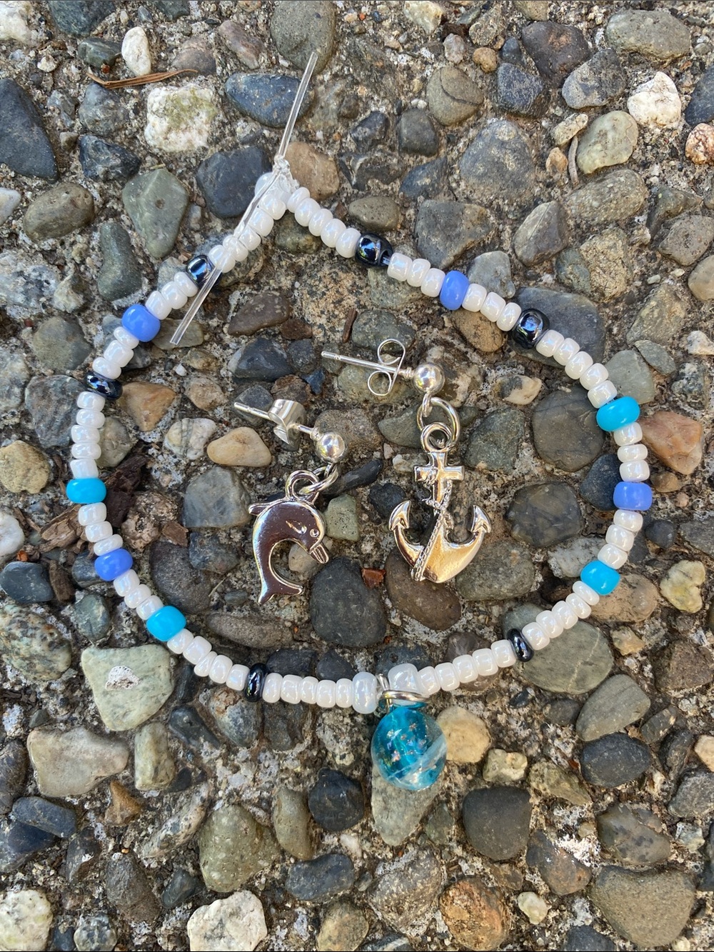 Handmade Blue and Silver Charm Earrings with Matching Bracelet